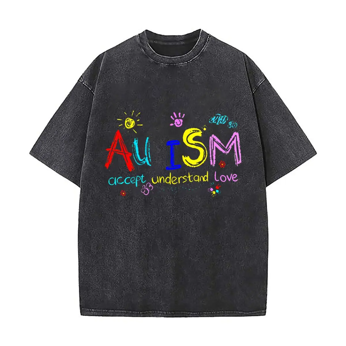 Футболки AUISM с графическим принтом «Принимай, понимай, люби» в стиле Streetwear с эффектом потертости и выцветания для прогулок в парке