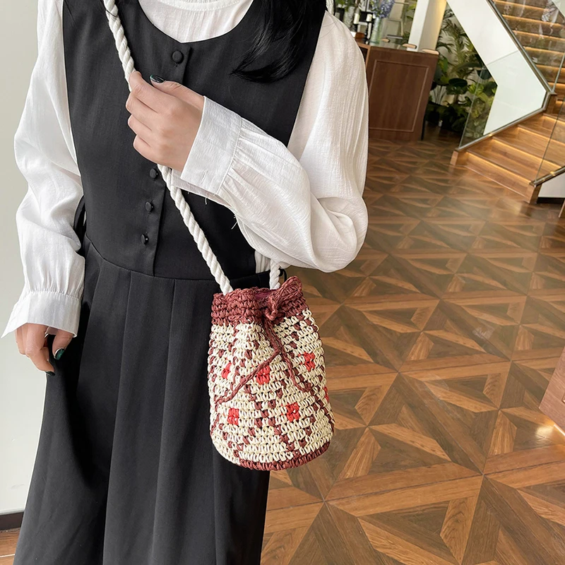 Small Drawstring Crossbody Bag Female Rope Shoulder Strap Bucket Handbag 2026 New Summer Boho Crochet Knitting Beach Bag view 3