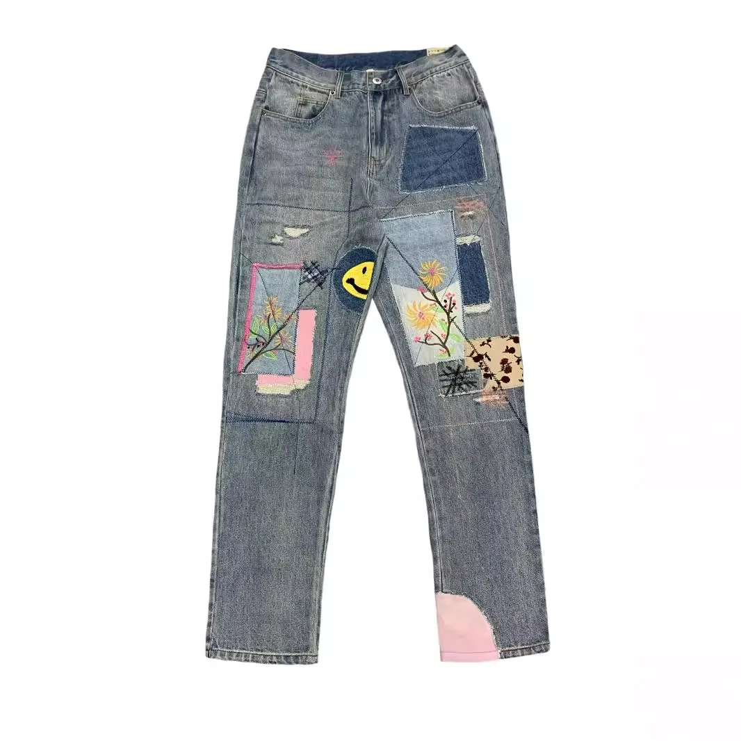 كابيتال خمر الدينيم السراويل المرقعة وجه مبتسم التصحيح ممزق هول التطريز شارع العليا أزياء العلامة التجارية جينز طويل