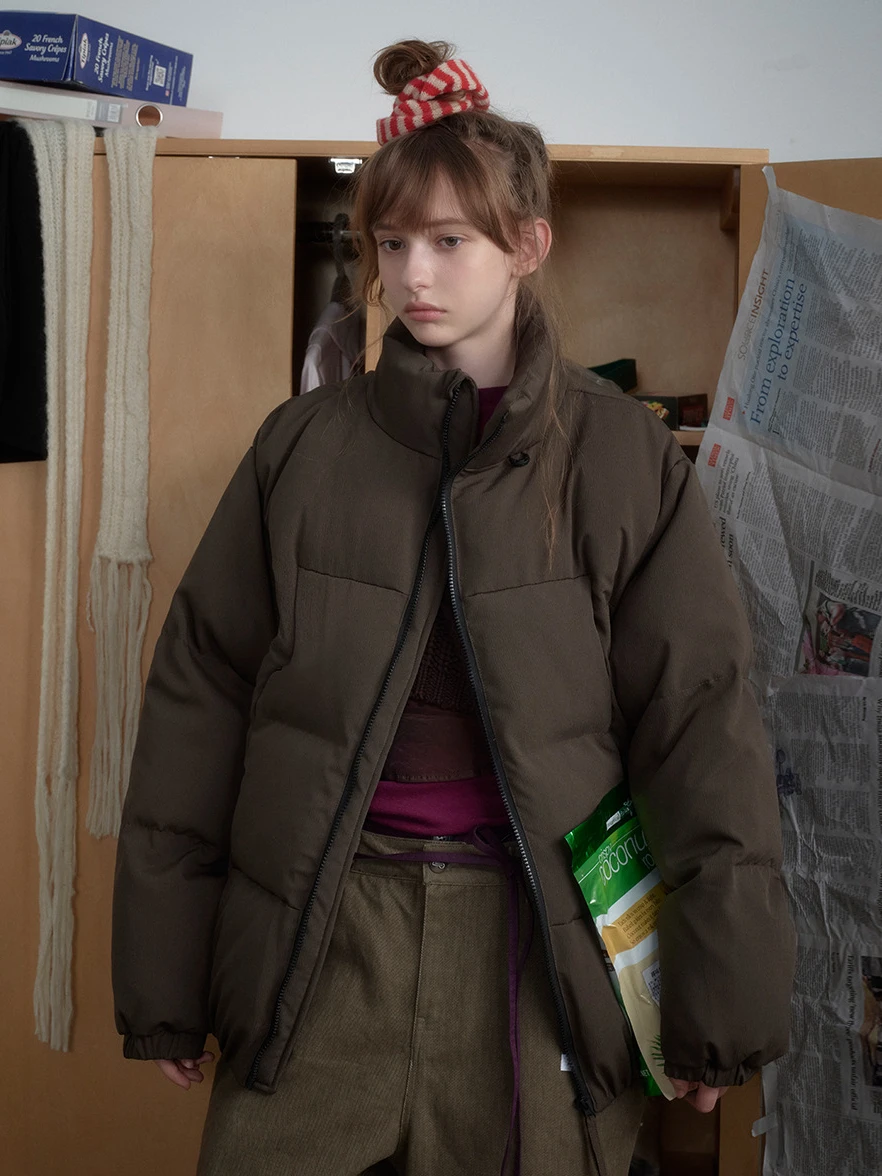 

Warm Retro Cotton Jaet ex Winter Outerwear Stand Collar Bread Sle Loose Pure Color Men's Zipper Closure Thiened Pol...