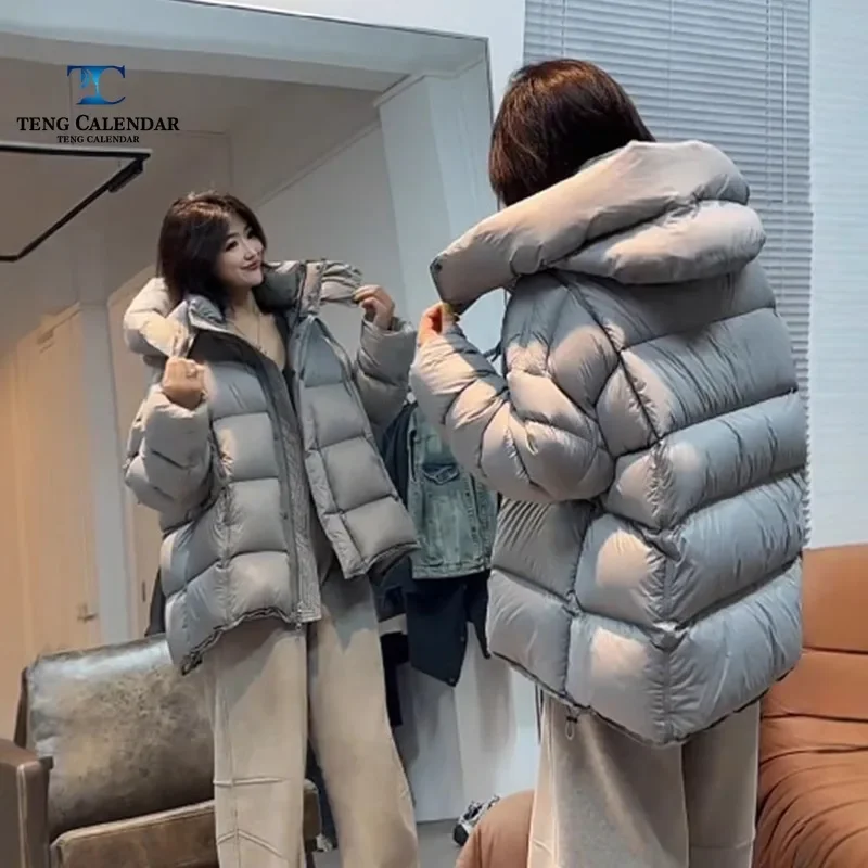 Korean Version Simple and Lazy Style Down Jacket, Medium Length Thick Hooded Warm Jacket, Women's Autumn and Winter New Style