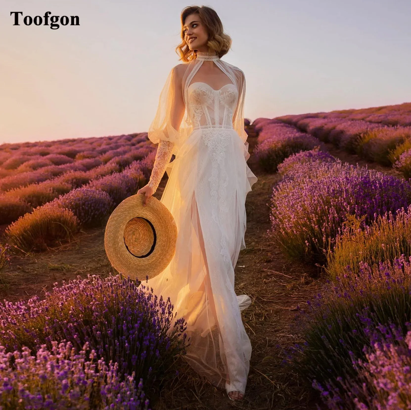 Toofgon-Robes de mariée Boho 2 pièces simples pour femmes, manches longues rondes, appliques en dentelle, patients de plage, quelle que soit la mariée, robe de soirée