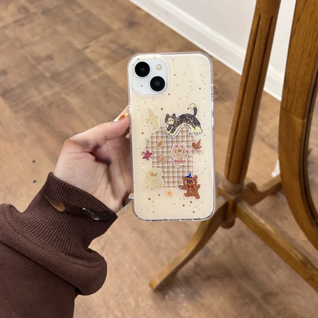 Cute Cartoon Cat Puppy Grid Pattern House Splash-ink Cover Case for IPhone 16 15 14 13 Pro Max Shockproof Protective Phone Case