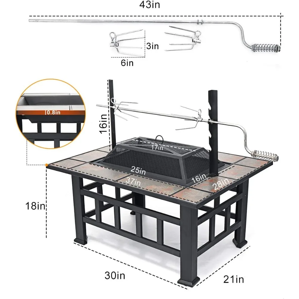 37 Inch Fire Pit Table with Grill, Spark Lid, Heavy Duty Steel Bonfire Pits Cooking, Large Square Wood Burning Fire Pit Table