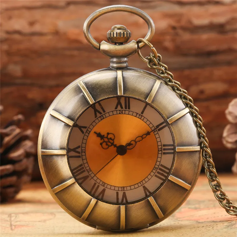 Bronze Transparent Cover Pocket Watch Men Women Quartz Movement Clock Roman Number Dial Necklace Chain Gift Reloj