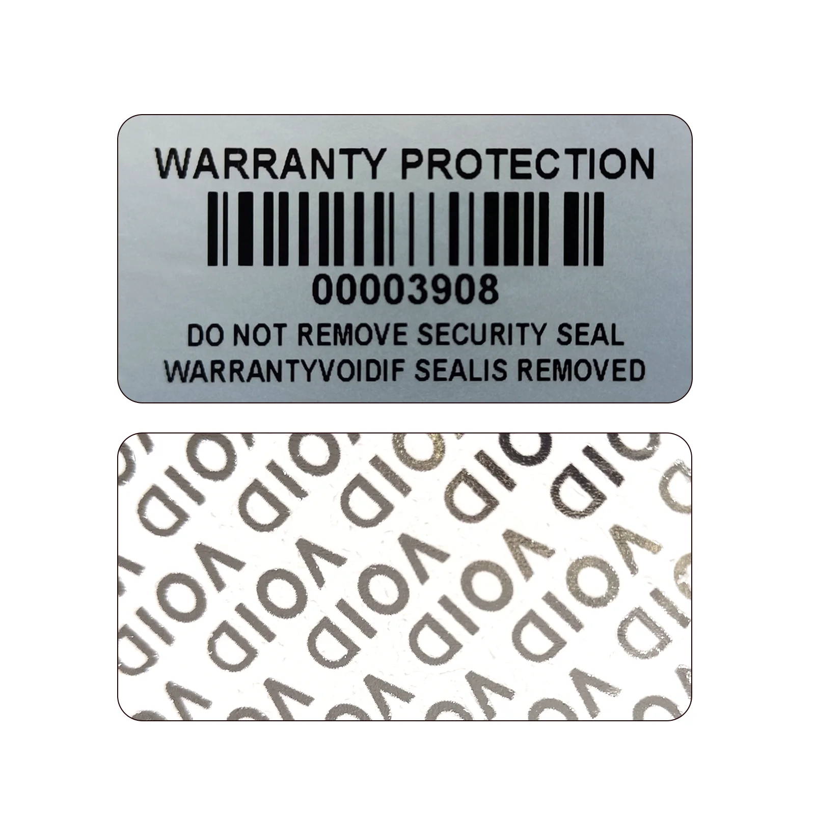 Barcode-Garantie-Ungültig-Aufkleber Matt Silberne PET-Sicherheitsetiketten mit Seriennummer Wasserdichte Manipulationssichere Siegeletiketten – Detail 4