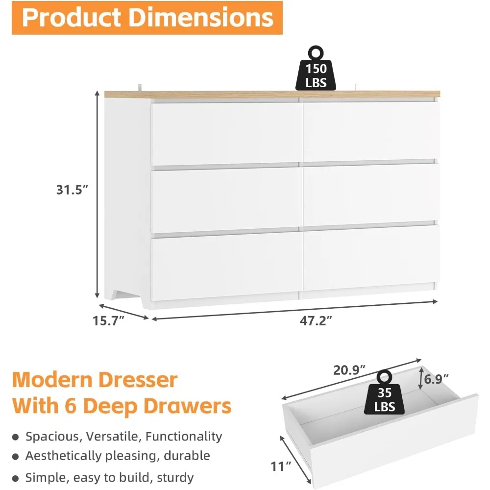 خزانة تخزين حديثة بيضاء مقاس 47 بوصة مع 6 أدراج ومنظم وحدة تحكم تلفزيون منزلقة