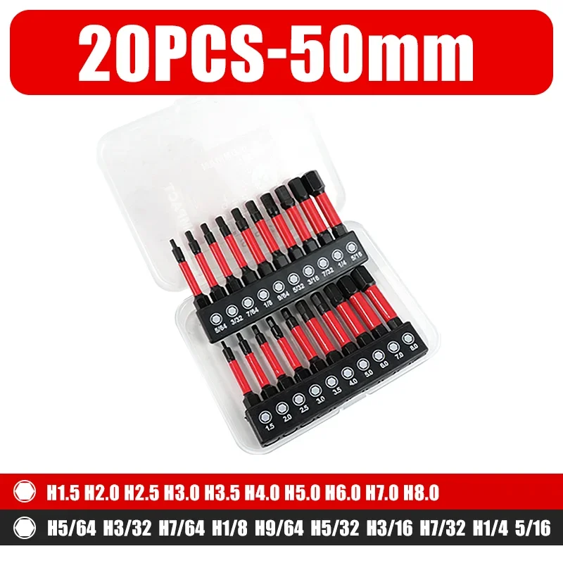 

20PCS 50/75/100mm Hex Head Allen Wrench Bit Set Magnetic Screwdriver Drill Bit Metric Imperial SAE Quick Release 1/4 Hex Shank