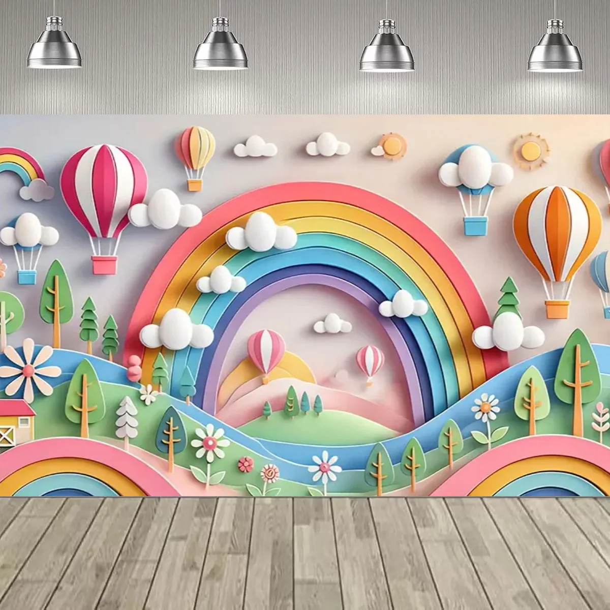 بالونات الهواء الساخن الزاهية وموضوع قوس قزح لديكور الحفلات خلفية قوس قزح الغيوم للأطفال لوازم حفلات أعياد الميلاد لافتة تزيين الحائط
