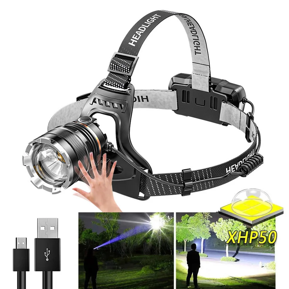 LED Headlamp Flashlight XHP50 Lamp Beads Sensor Headlight USB Rechargeable Fishing Camping Lantern Telescopic Zoom Headlight