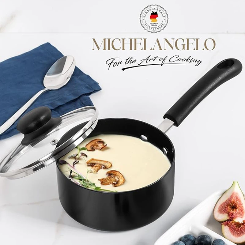 MICHELANGELO Antihaft-Topf mit Deckel, schwarzer Keramik-Milchtopf mit Glasdeckel, kleine Sauce-Pfanne, Gas-Induktionsherd, universell