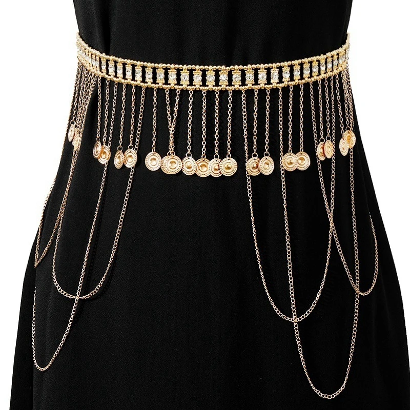 

MOGAKU Alloy Coin Tassel Body Chain for Women Ethnic Adjustable Charms Rhinestone Waist Chains Feminina Belly Dancing Jewelry