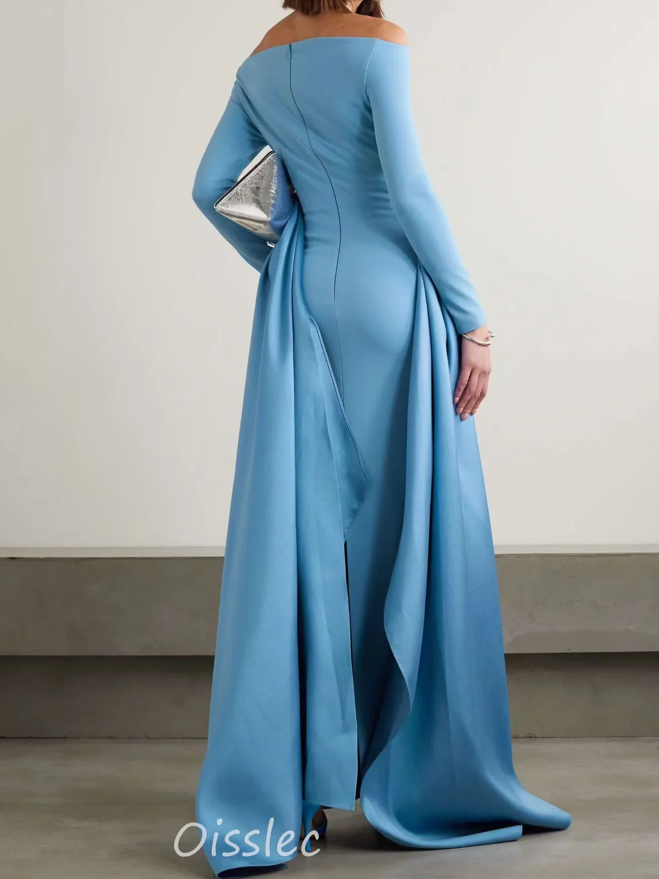 Oisslec Off Shoulder Formal Evening Dresses Blue Simple Formal Occasion Gown Elegant Boat Neck Prom Dress For Ramadan 2024