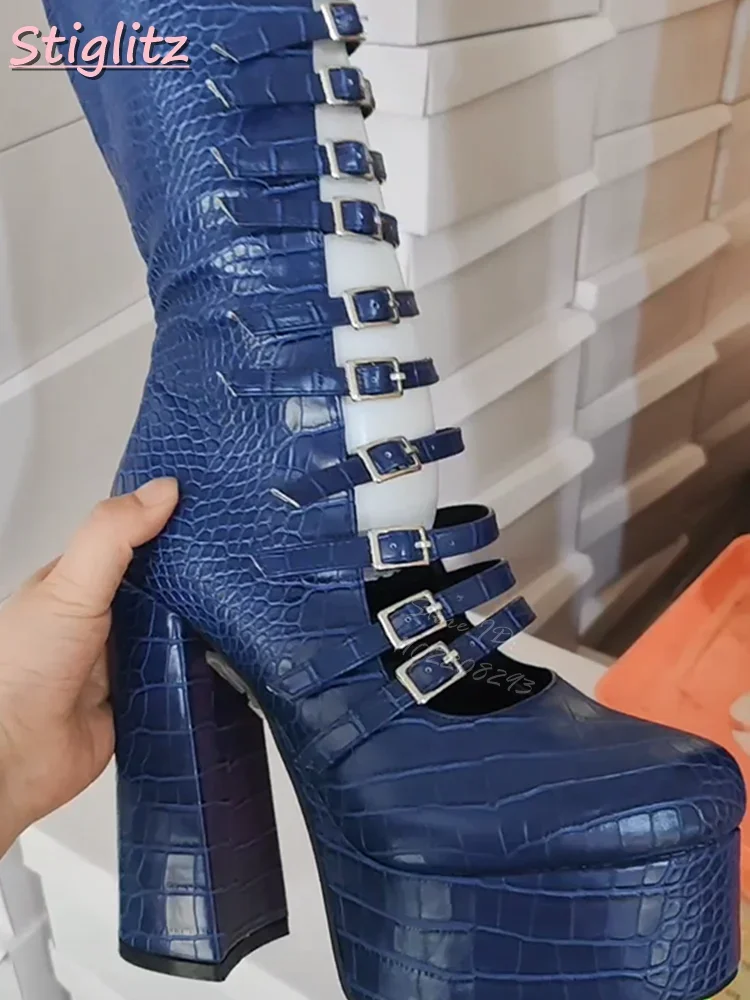

Темно-синие ботинки с пряжкой и ремешками, босоножки на платформе с круглым носком и квадратным каблуком, туфли Лолиты на высоком каблуке с крокодиловым узором, новинка 2023 года, женская новинка