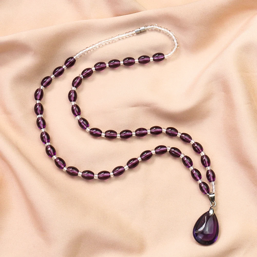 Amethyst Water Drop Glass Crystal Necklace Pendant Beads String Chain Elegant Banquet Evening Dress Accessories Daily Jewelry