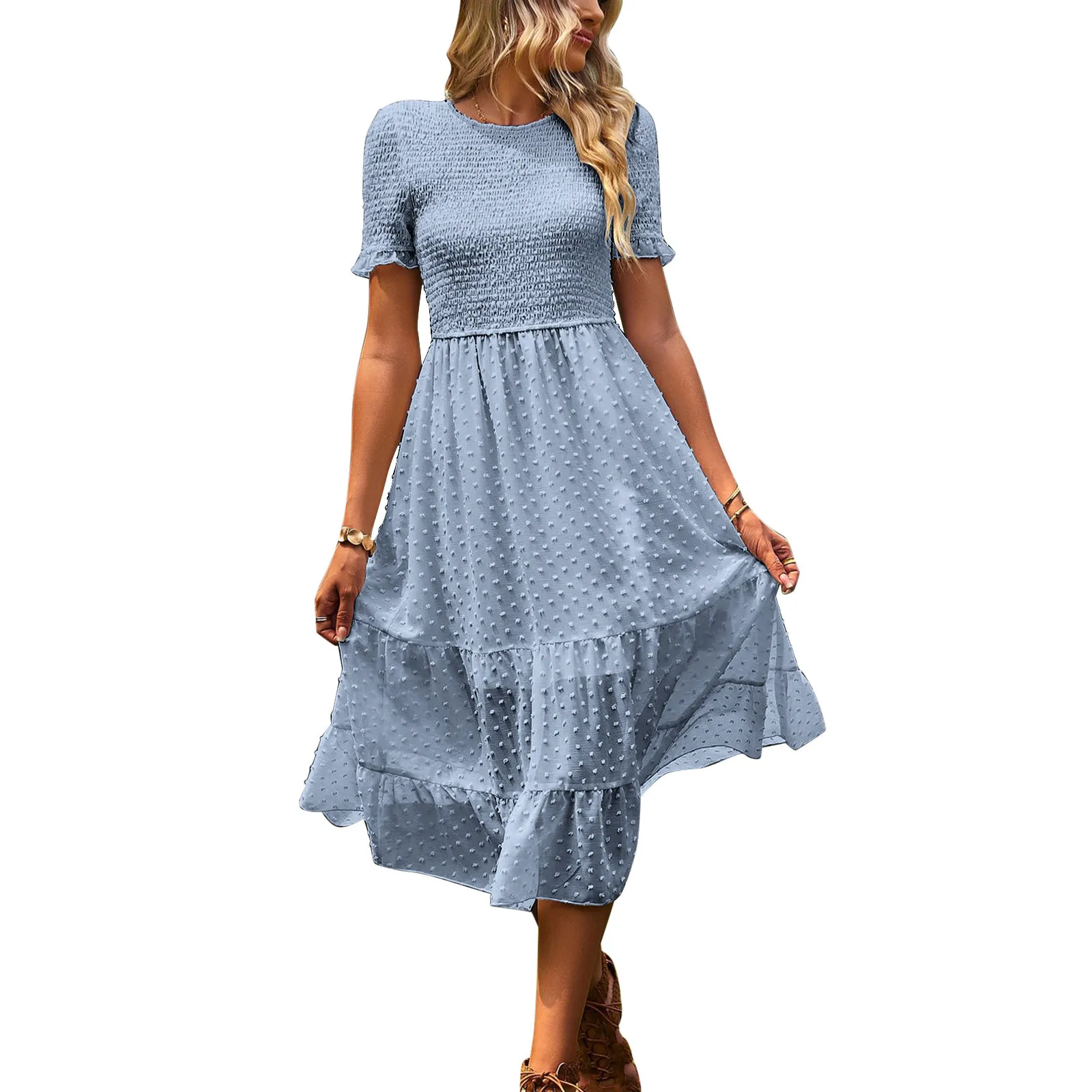 2023 New Summer Women Casual Boho Short Sleeve Jacquard Smocked Midi Dress Crew Neck Casual Tiered Dresses Vestidos Mujer