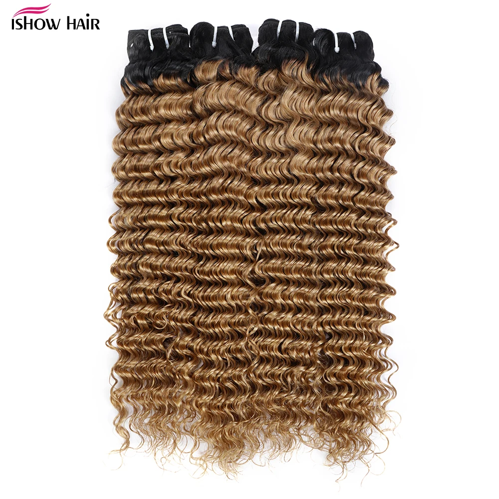 Extensiones de cabello humano brasileño Remy para mujer, mechones de ondas profundas, rubio miel degradado 1B 27, dos tonos de color