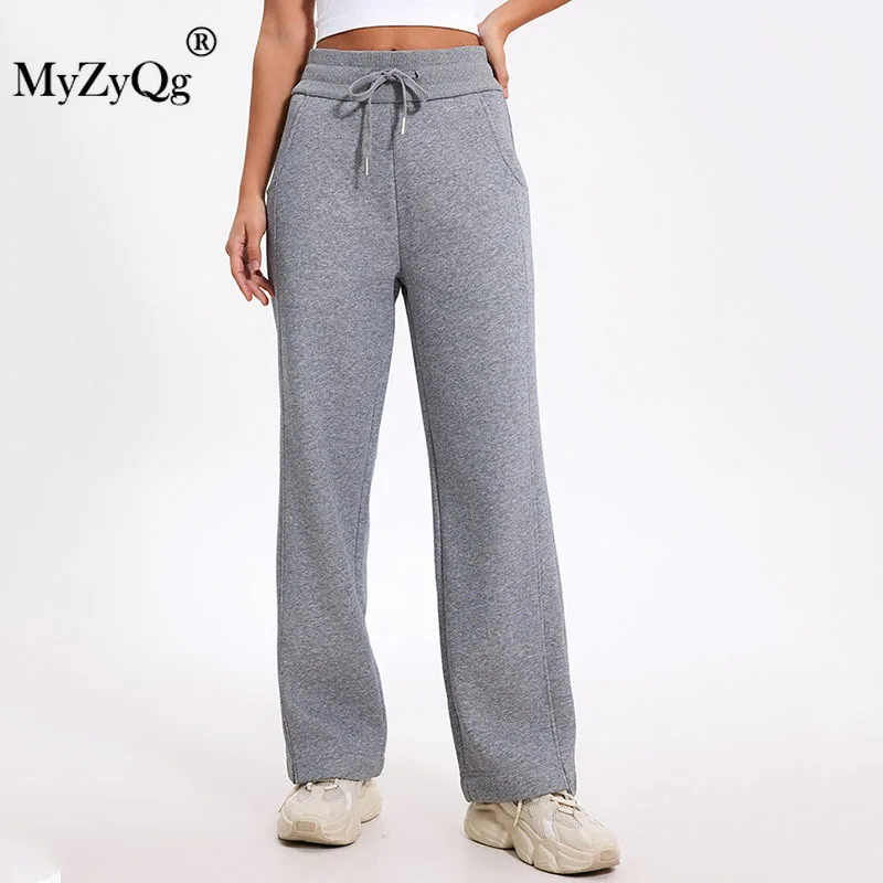 MyZyQg Autumn Winter High-waisted Padded Sports Casual Pants Double Line Split Thin Women Running Fitness Yoga Sweatpant