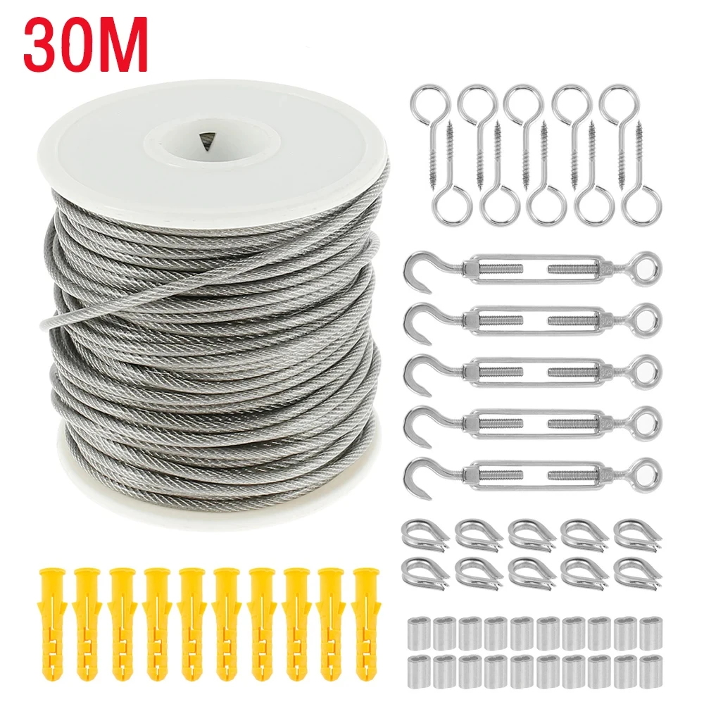 1/2Set 15/30M Cable Rope Garden Wire 304 Stainless Steel Heavy Duty Cable Railing Wire Fence Roll Kits PVC Coated Cleaning Rope