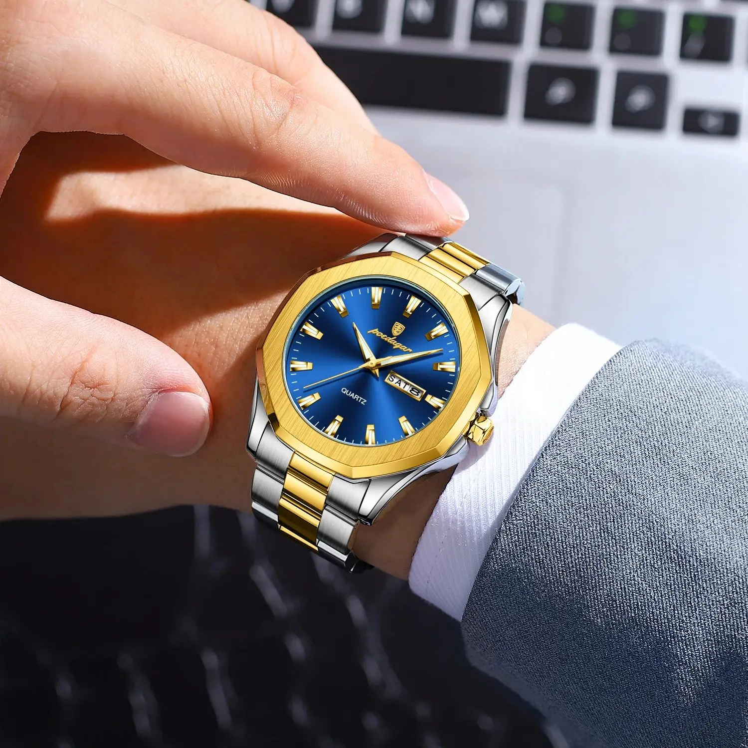 POEDAGAR ساعة يد رجالية كاجوال فاخرة مقاومة للماء مضيئة لتاريخ الأسبوع ساعة رجالية من الفولاذ المقاوم للصدأ ساعات كوارتز رياضية عصرية للرجال