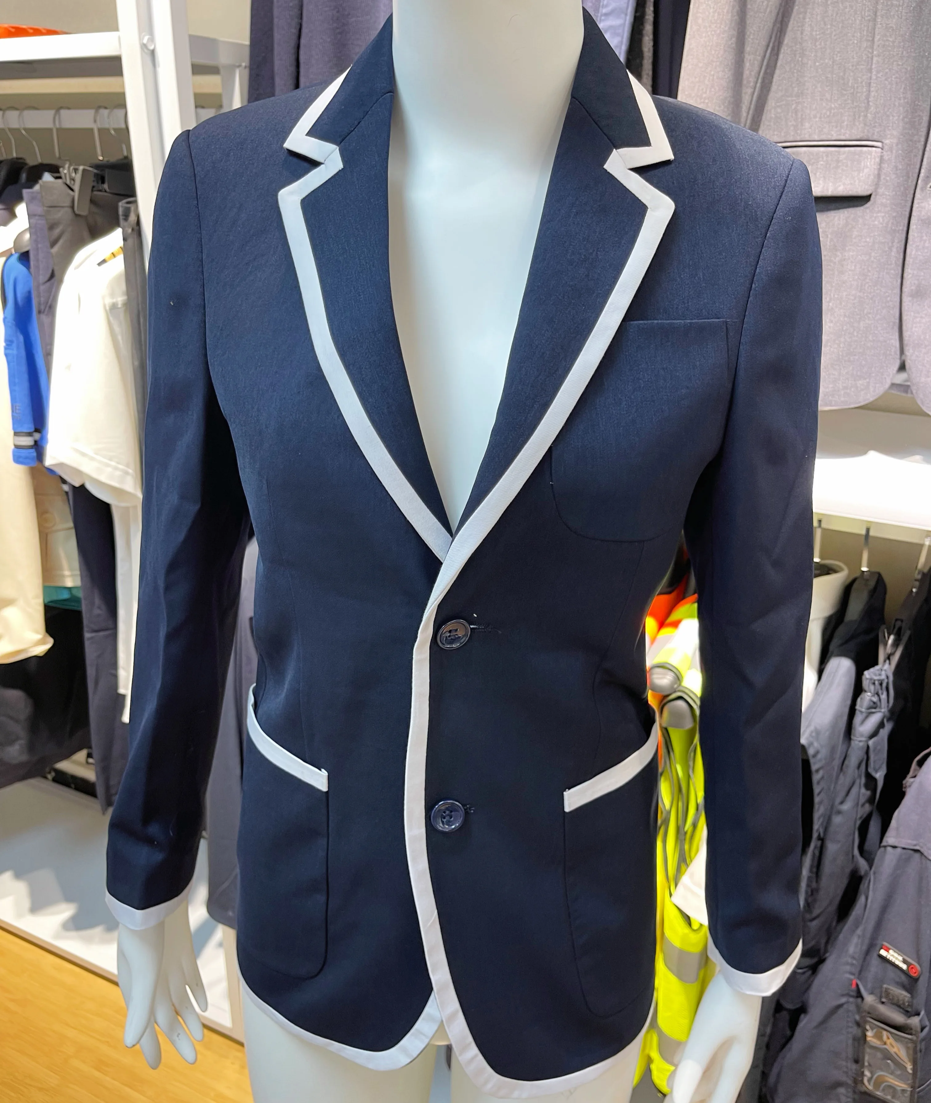 Uniformes escolares modernos para meninas, jaquetas de escola secundária, blazer azul marinho, jaqueta longa, poliestireno tecido, adultos, atacado, T/T