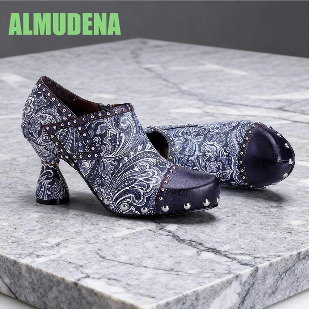 Blue and White Porcelain Style Short Boots Leather Splicing and Rivet Decoration Opposite Sex Heel Side Zipper Women's Boots