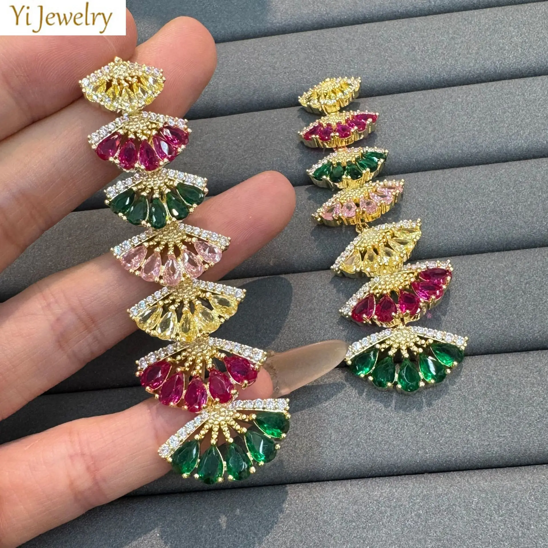 Gorgeous earrings for women evening party wedding bride dangling earrings long pendant fan shaped fushia white multicolor