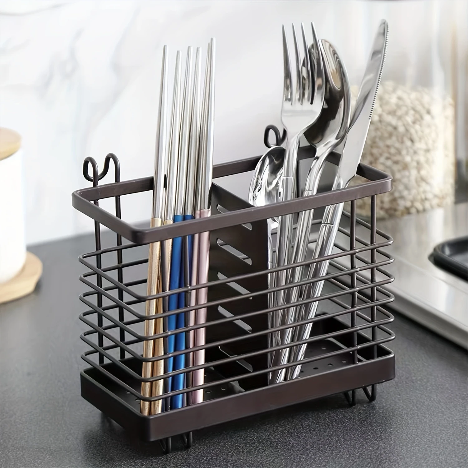 1pc Wall Mounted Draining Chopstick Cage Drying Rack Hanging Chopsticks Holder Kitchen Utensil Caddy For Pantry Countertop Resta