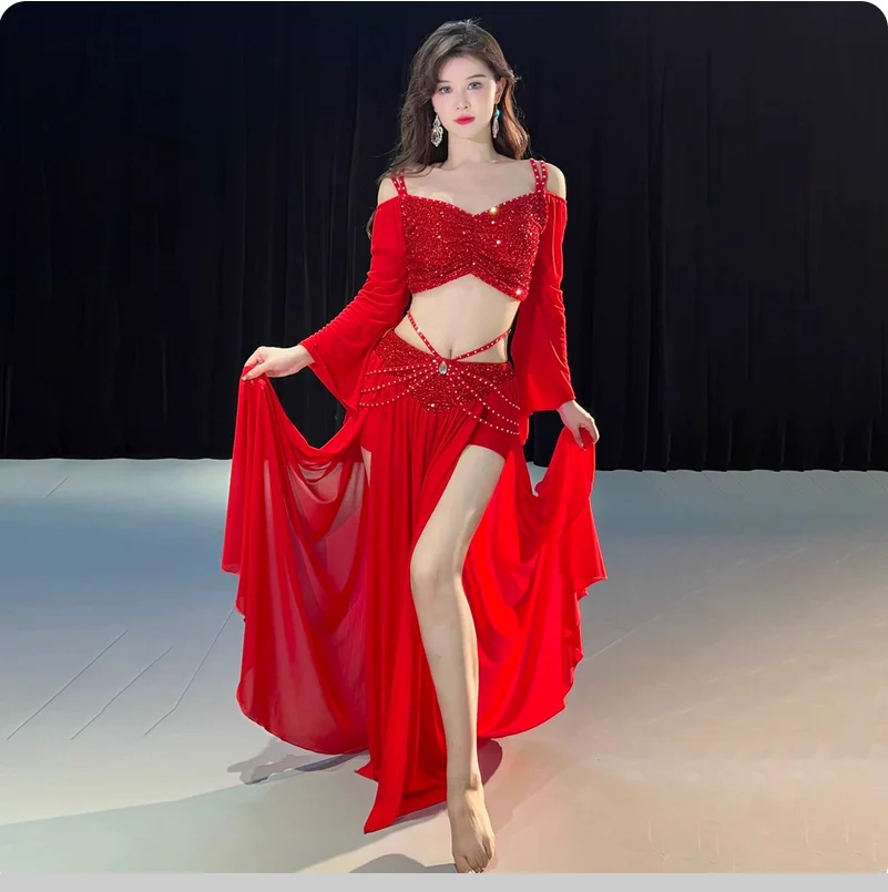 

Spring and summer sexy sequin off shoulder belly dance costume mesh practice suit set