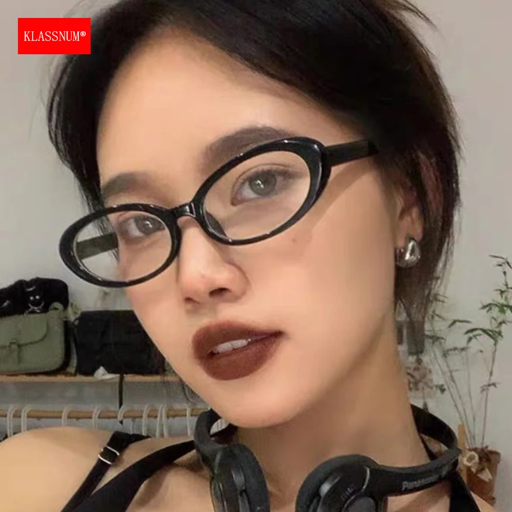 KLASSNUM Vintage Small Oval Blue Y2K Transparent  Glasses Anti Blue Light Eyepiece for Women Mint Full Rim Decorative Eyewear