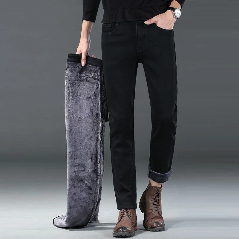 الرجال صوف مبطن مستقيم الجينز الذكور شتاء دافئ الدنيم السراويل مرونة مريحة عارضة فضفاض سميكة السراويل #3