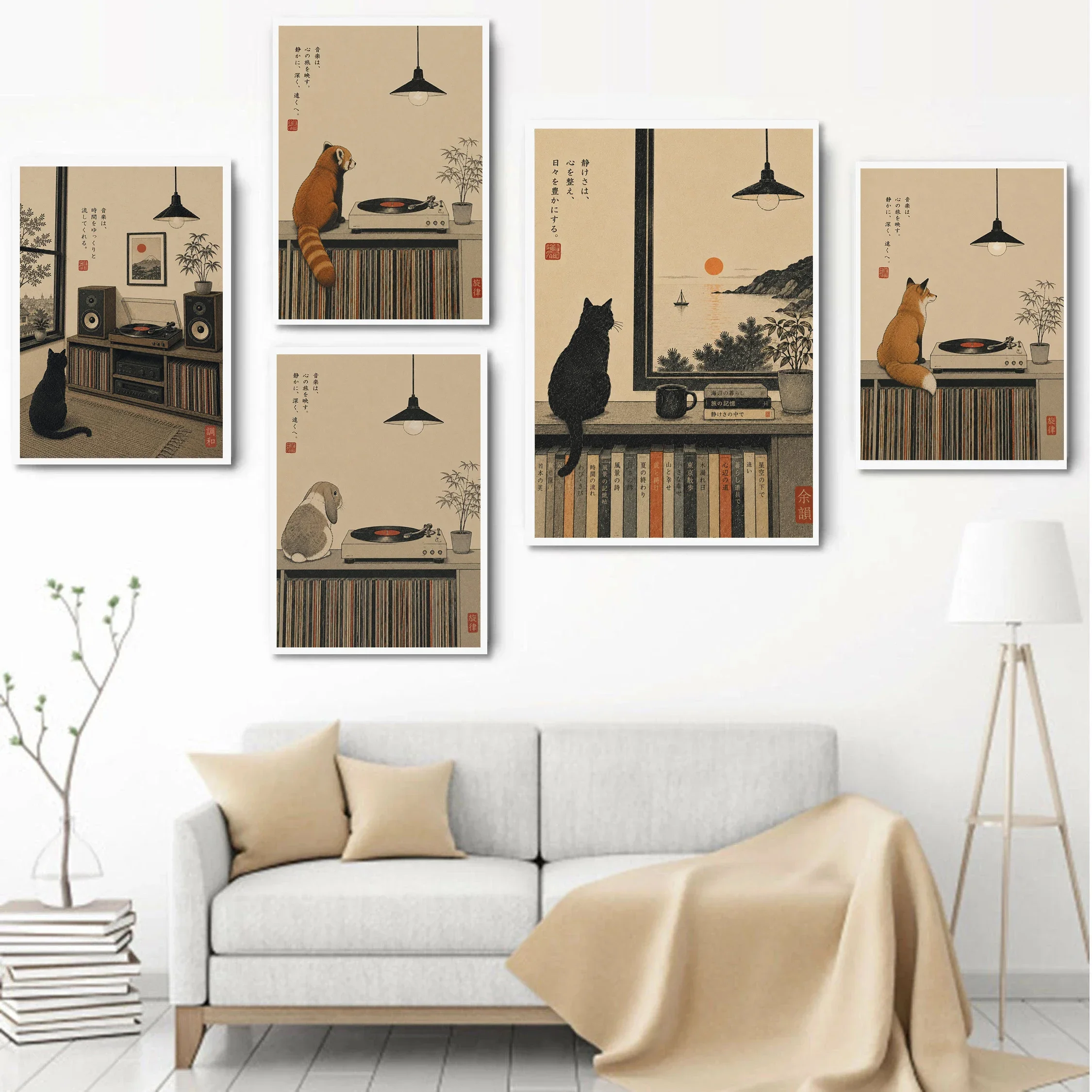 Multiple sizes 1pc frameless Canvas Painting,Japanese Fox Record Player Posters Cute Black Cat Bunny Vinyl Modern Prints Canvas