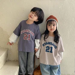 2024 New Autumn Kids patchwork long sleeve T shirts Letters printing cotton Tees Boys Girls soft loose pullover