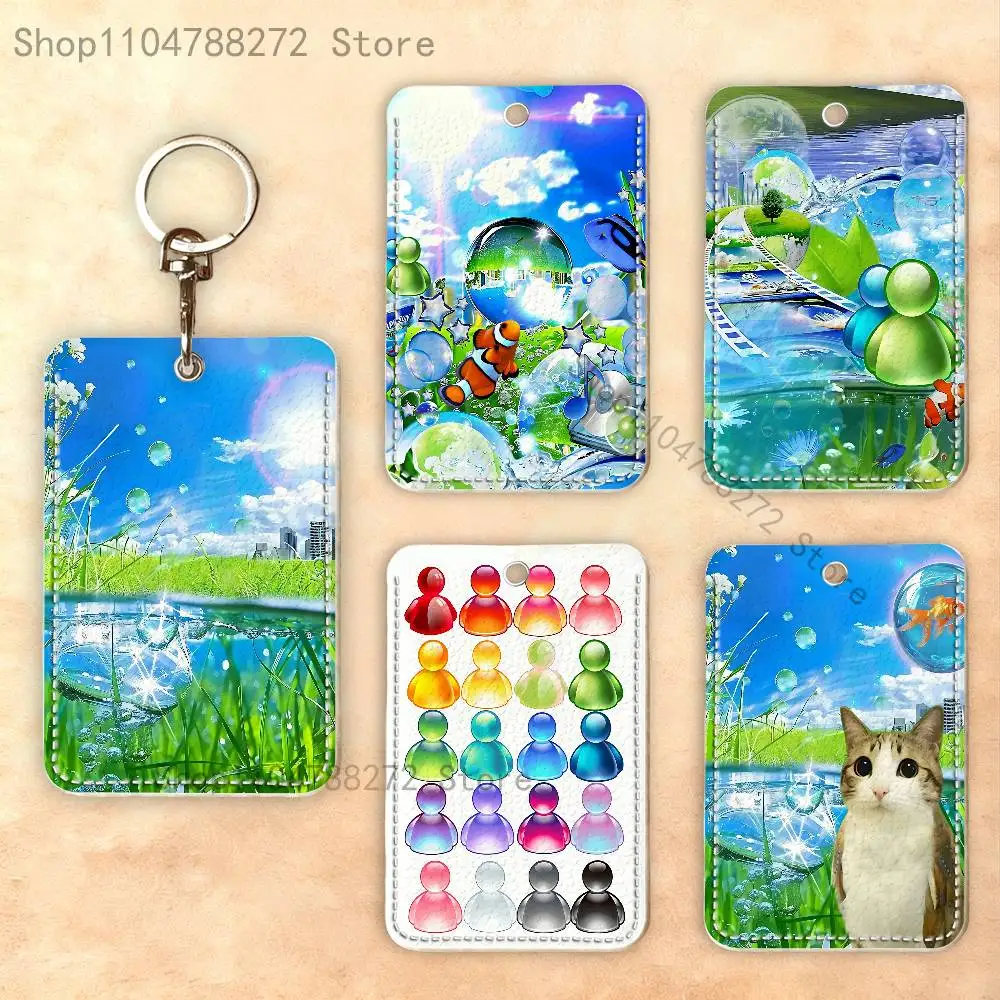 

Aqua Nostalgia Frutiger Aero Premium PU Leather Card Holder Card Case with Metal Carabiner,Customizable Design for Daily Use