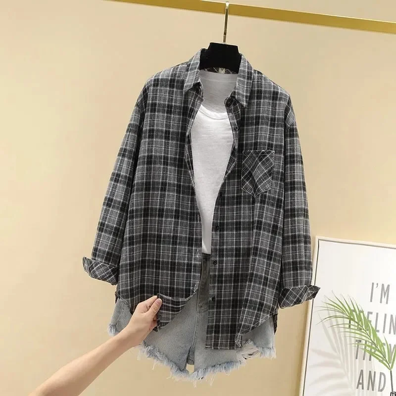 

Cotton Shit2024 Spring/Summer New Big Plaid Academy Style Cardigan Coat Long Sleeve Loose and Slim Korean Version Shirt for Wome