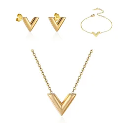 Simple Design Stainless Steel Letter V Necklace Bracelet Earring Jewelry Set for Women Alphabet Pendant Necklace Party Gift