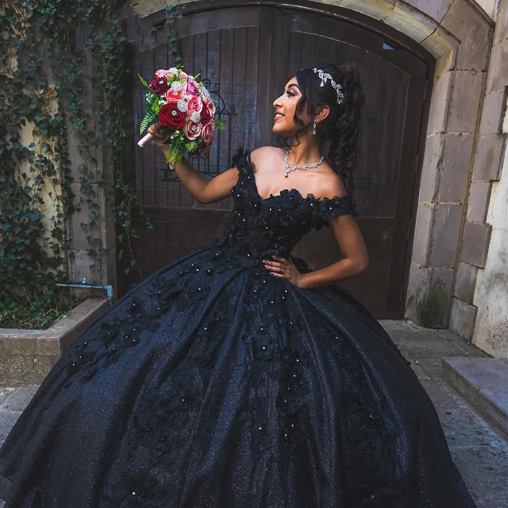 Angelsbridep Black Satin Quinceanera Dresses Ball Gown Floral Appliques Crystal Sweet 16 Dresses Lace-Up Birthday Party Gowns