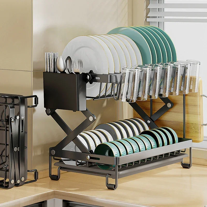 2-Tier Collapsible Bowl Drainer Rack - Foldable Metal Kitchen Counter Storage Holder for Bowls and Utensil Drying