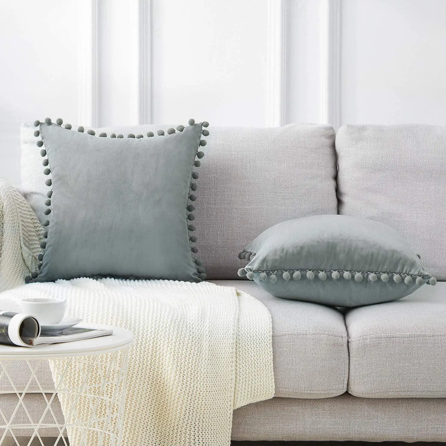 1pc Velvet Pompom Cushion Cover 40*40cm Decorative Pillowcase Grey Color Sofa Throw Pillow Cover for Living Room Bedroom Office