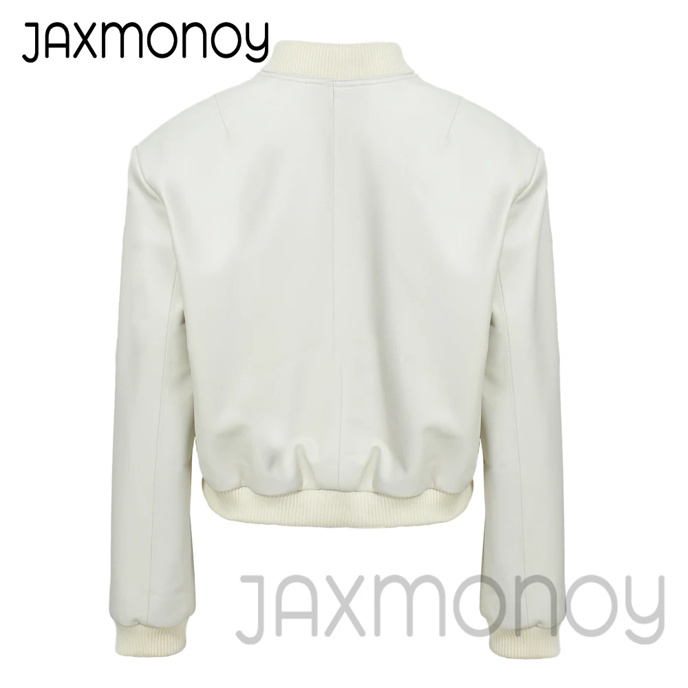 Jaxmonoy jaket kulit domba asli wanita, mantel musim gugur lengan penuh warna polos untuk wanita