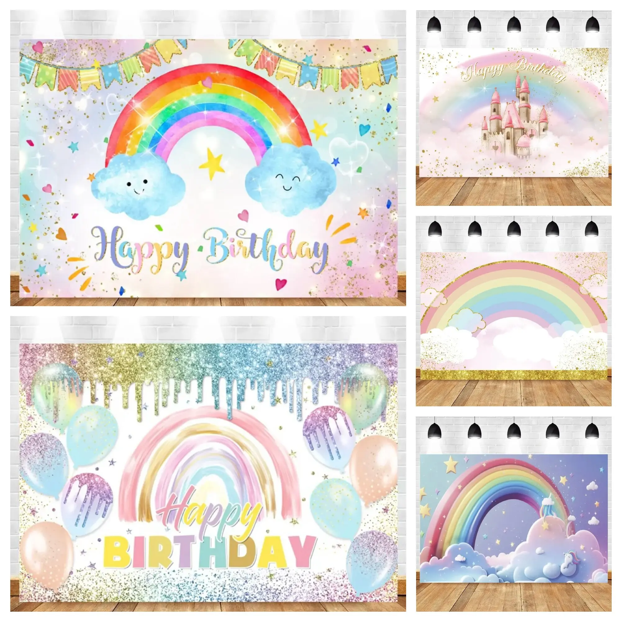 Rainbow Theme Childrens Birthday Party Photography Background Baby Baptism Cloud Pink Decoration Party Supplies Photo Background