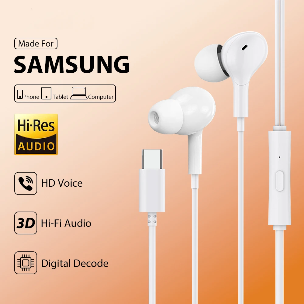 USB نوع C سماعات أذن سلكية HiFi ستيريو مع ميكروفون ياربود لسامسونج غالاكسي آيفون 17 16 15 Xiaomi هواوي سماعات أذن رياضية