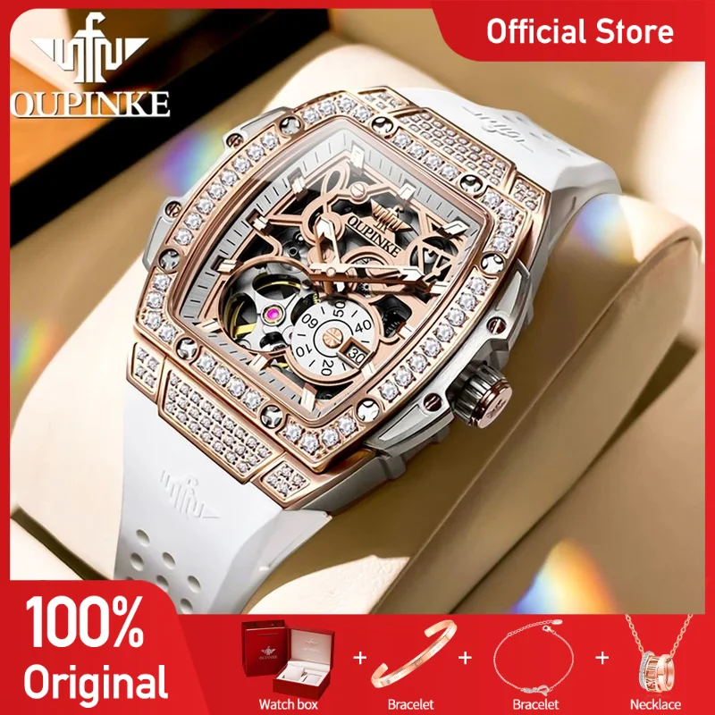 OUPINKE 3220 Womens Watch Original Luxury Automatic Mechanical Watch 50M Waterproof Luminous Skeleton Watches For Women Gifts