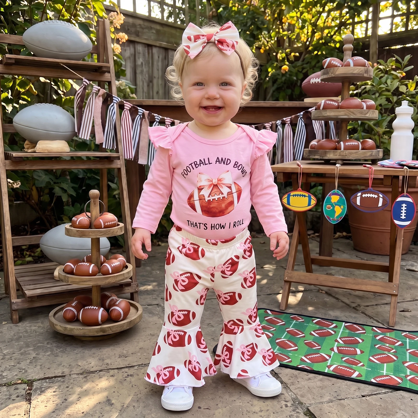 Baby Girl Football Outfit Long Sleeve Romper with Bell Bottom Headband