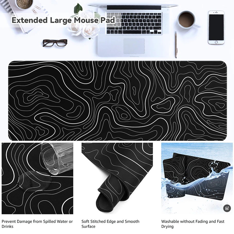 

Large Mouse Pad Gaming Black with White Topographic Line Mousepad for Keyboard Gamer Rubber Base Keyboard Pad XL Mouse Mat