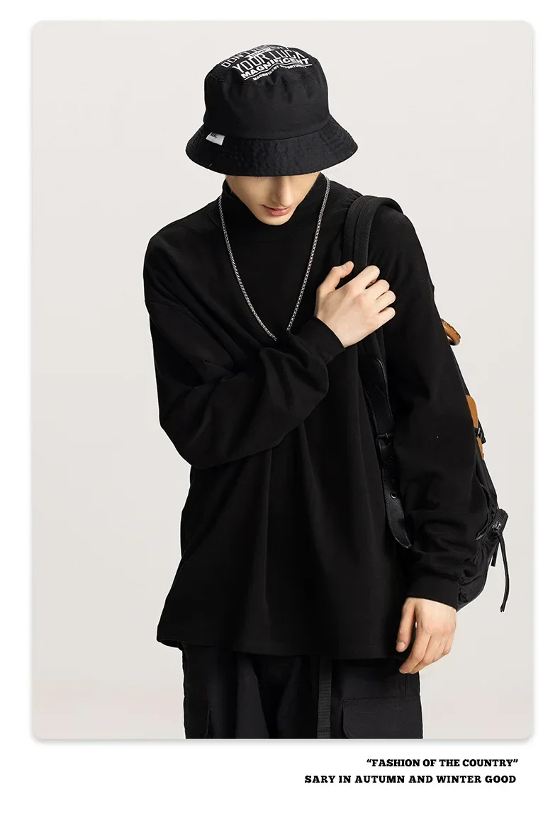 2023 Heavy 270g Men\'s Long Sleeve T-shirt Loose Solid Color Interior Top American Half High Neck Bottom Shirt Shirts T Shirt