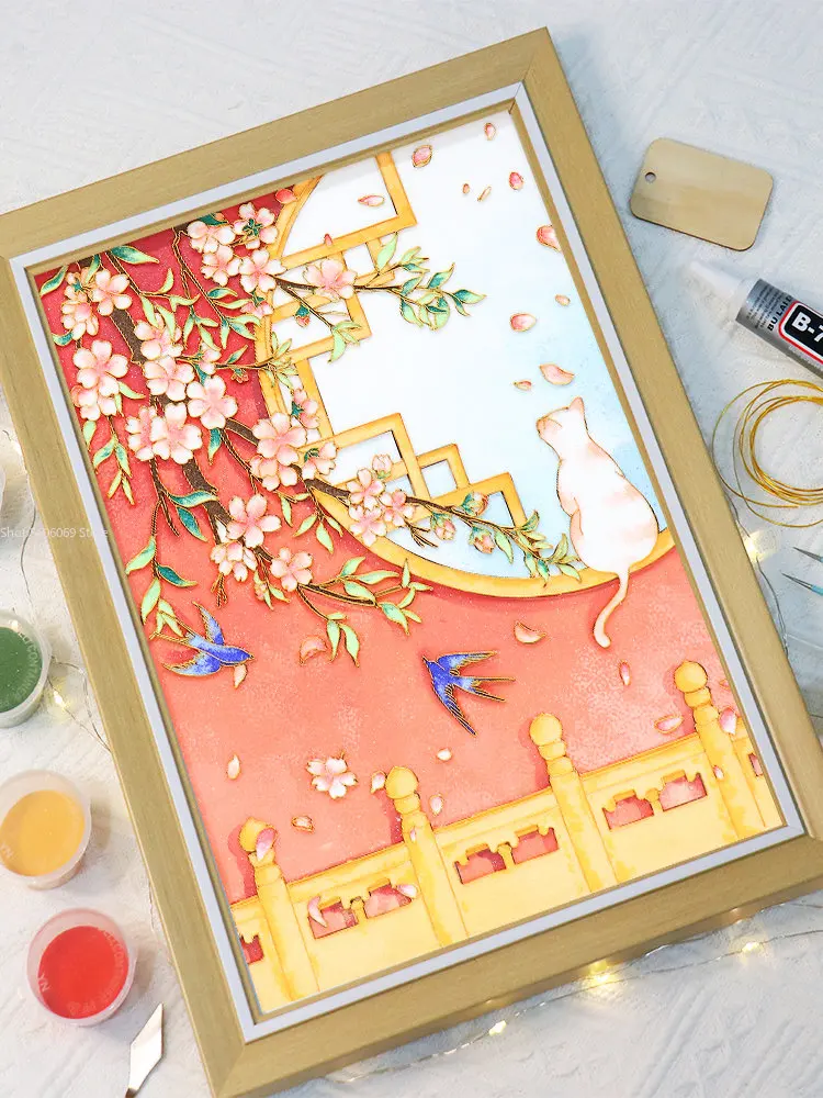 5D Filigree Enamel Diy Material Kit Forbidden City Spring Cloisonne Stress Relief Decorative Painting Cat Desktop Ornaments