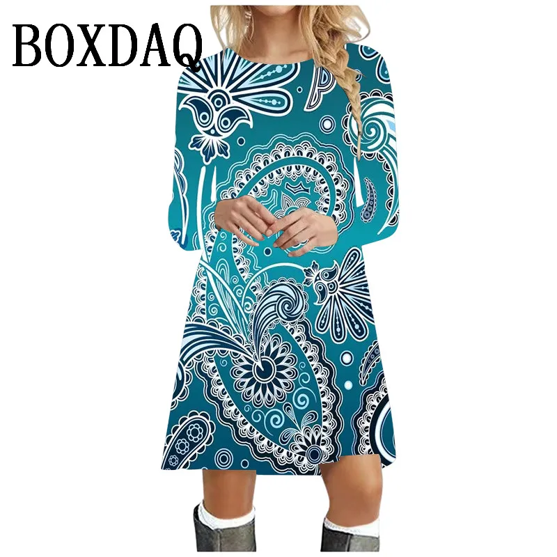 2024 Herbst Winter Kleider Damen Boho Muster Druck Vintage Kleid Langarm übergroße Kleidung lose lässige O-Ausschnitt Mini kleid