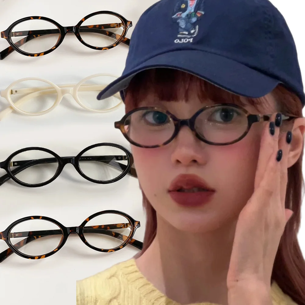 Y2K Leopard Small Frame Glasses Oval Women Girls Retro Anti Blue Light Eyewear Glass Computer Reading Eyeglasses Decorative