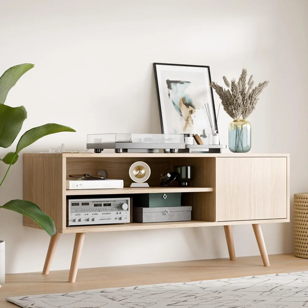 Mid Century Modern 48 Inch TV Stand with Storage Cabinet and Charging Media Console